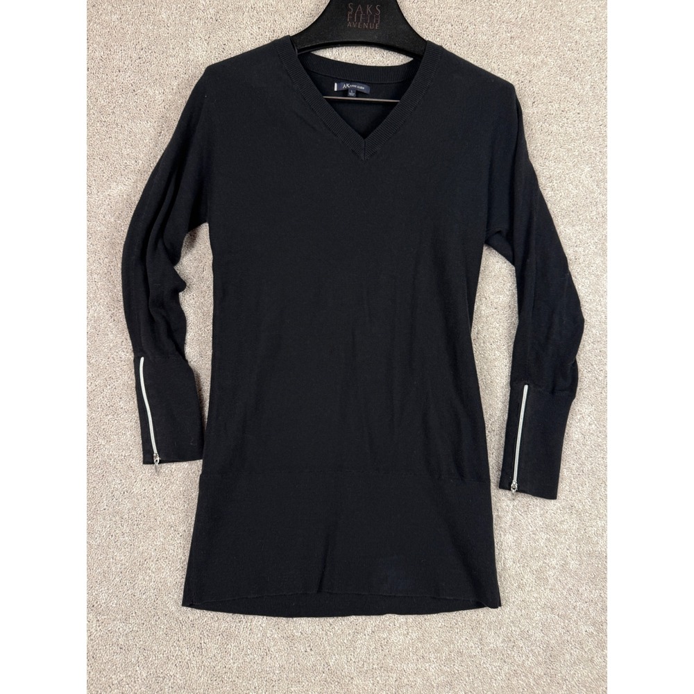 Anne Klein Black V-Neck Tunic Sweater Zipper Cuff Detail Cotton Modal Large